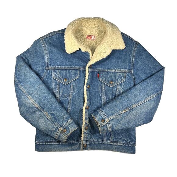 Vintage 80s Levis Denim Jean Trucker Jacket Sherpa Lined Size 42 Red Tab Hipster - Picture 1 of 9
